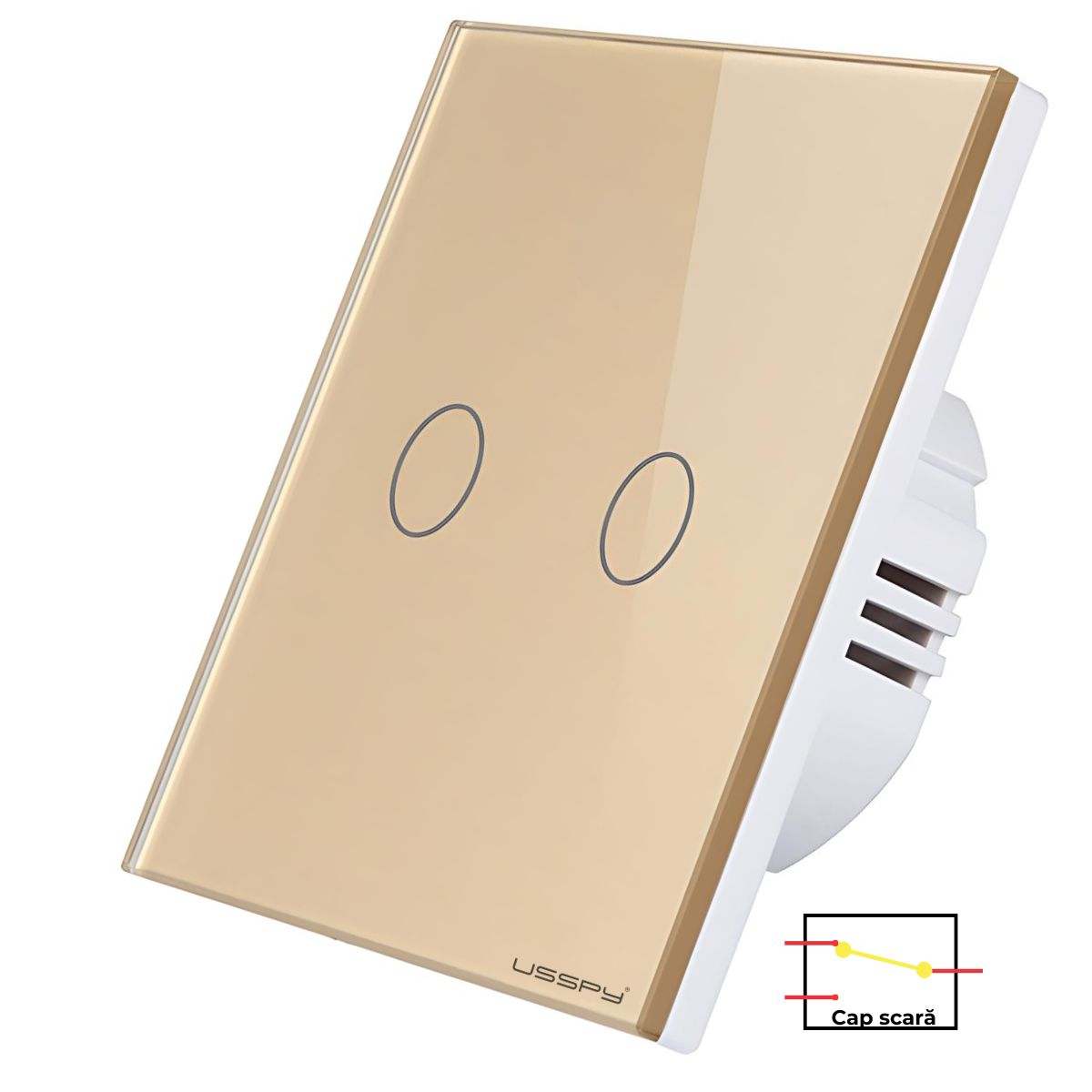 Intrerupator simplu touch, cap scara, rama sticla securizata, USSPY®, 2 canale, auriu