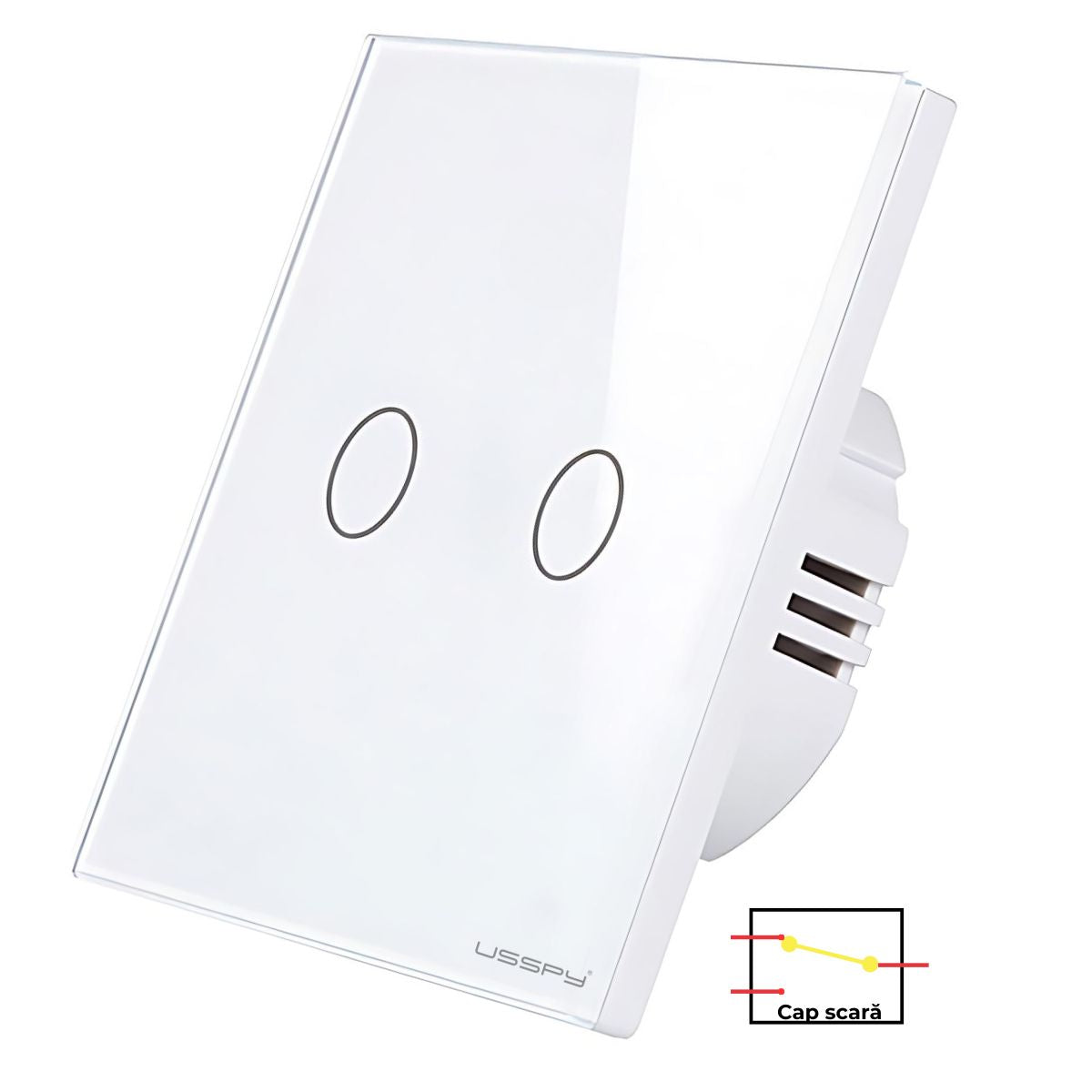 Intrerupator simplu touch, cap scara, rama sticla securizata, USSPY®, 2 canale, alb
