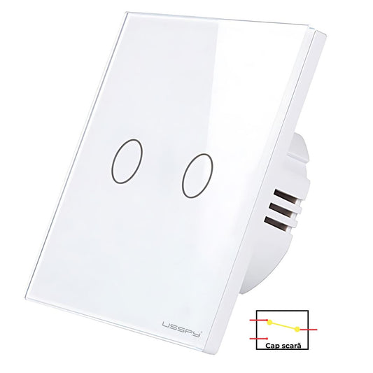 Intrerupator simplu touch, cap scara, rama sticla securizata, USSPY®, 2 canale, alb