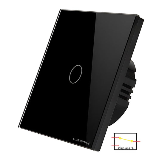 Intrerupator simplu touch, cap scara, rama sticla securizata, USSPY®, 1 canal, negru