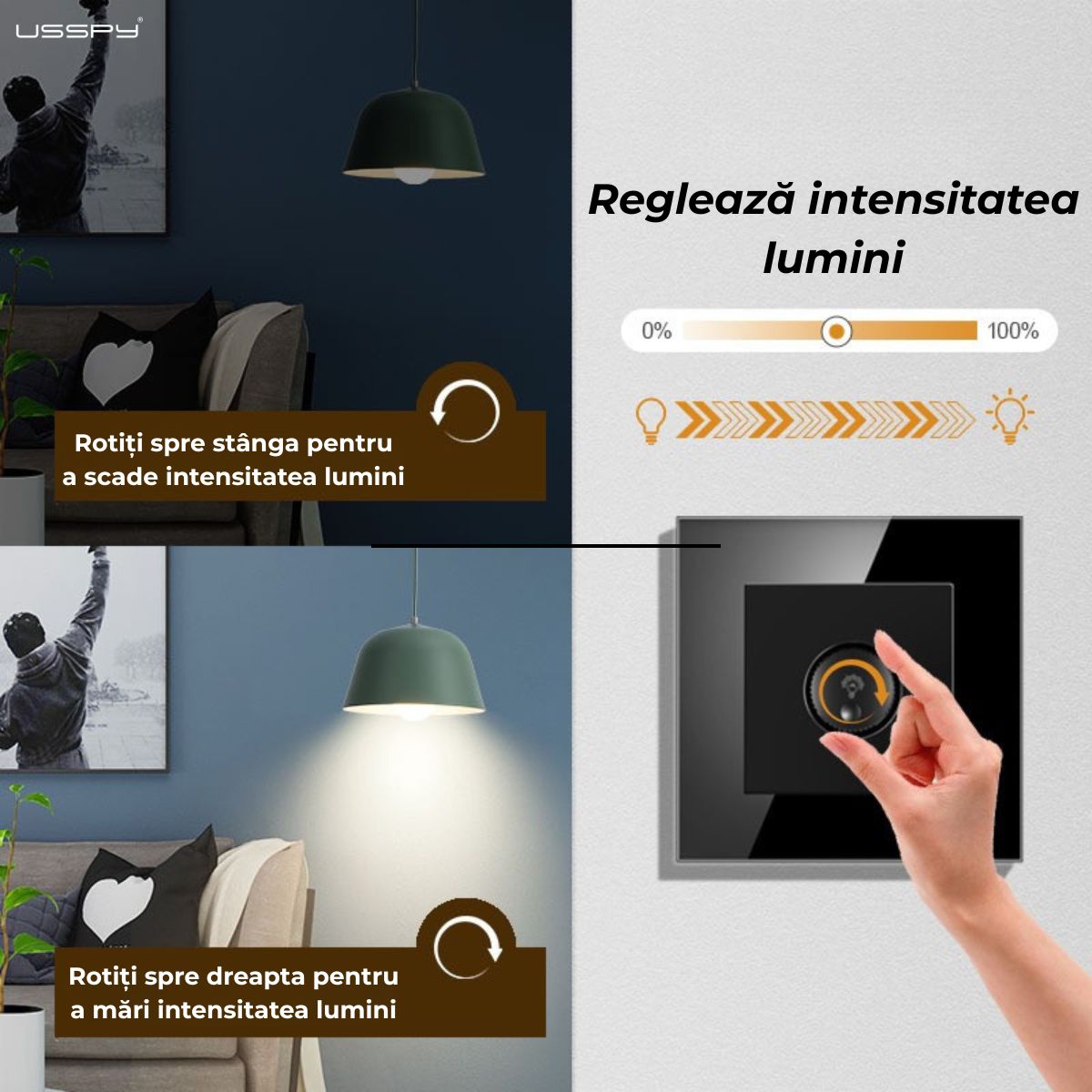 Intrerupator cu variator dimmer, rama sticla securizata, USSPY®, auriu