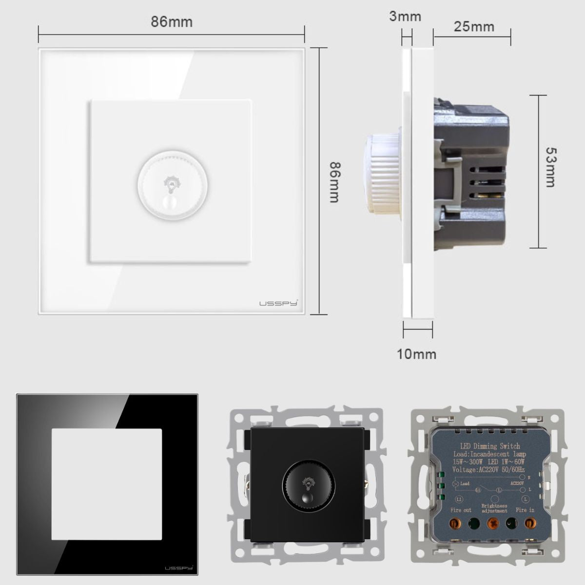 Intrerupator cu variator dimmer, rama sticla securizata, USSPY®, auriu