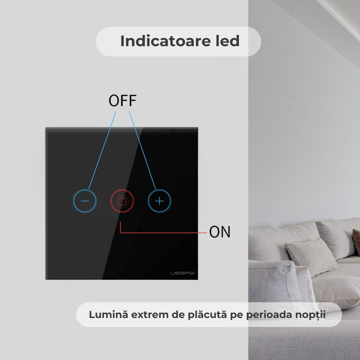 Intrerupator cu variator dimmer digital touch, rama sticla securizata, USSPY®, auriu