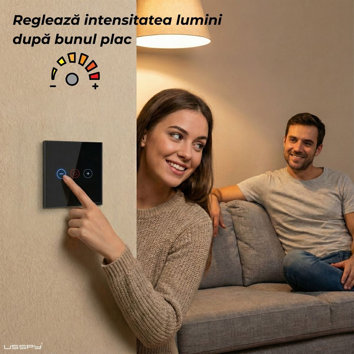 Intrerupator cu variator dimmer digital touch, rama sticla securizata, USSPY®, auriu