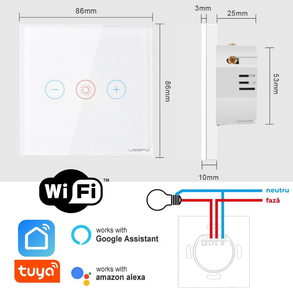 Intrerupator cu variator dimmer digital touch, rama sticla securizata, USSPY®, auriu