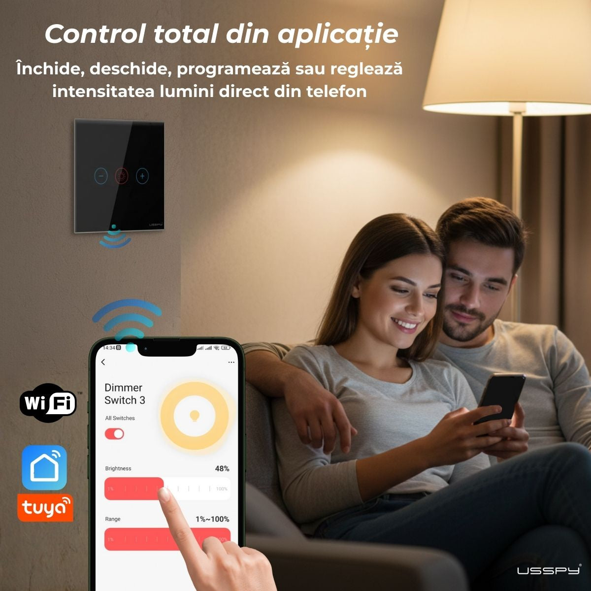 Intrerupator cu variator dimmer digital touch, rama sticla securizata, USSPY®, auriu