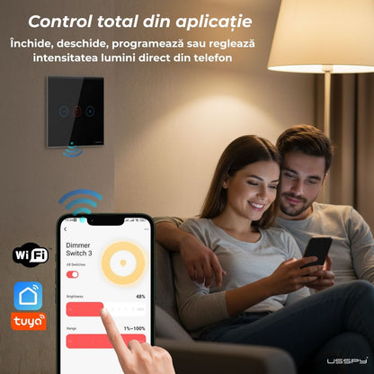 Intrerupator cu variator dimmer digital touch, rama sticla securizata, USSPY®, auriu