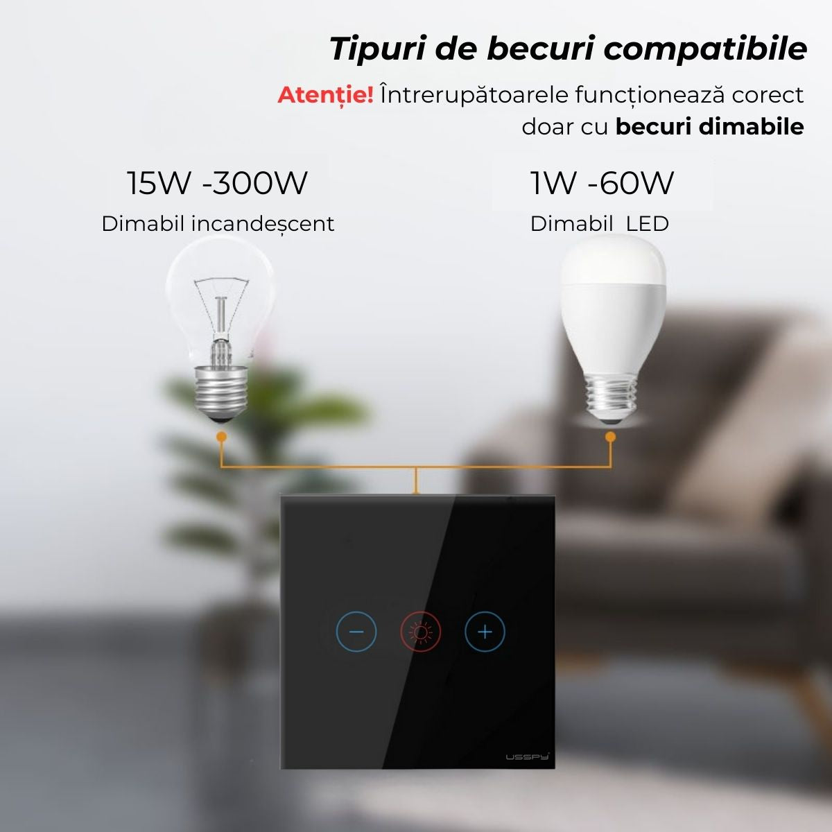 Intrerupator cu variator dimmer digital touch, rama sticla securizata, USSPY®, auriu