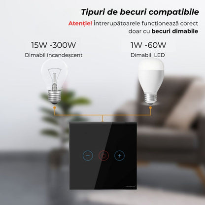 Intrerupator cu variator dimmer digital touch, rama sticla securizata, USSPY®, auriu