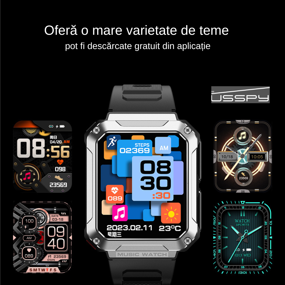 Ceas smartwatch cu casti Bluetooth incorporate, USSPY, ritm cardiac, tensiune arteriala, calorii, monitor de somn, pedometru si tracker de fitness, afisaj HD de 1,96 inchi, portocaliu