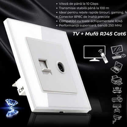 Priza TV + internet cu rama din sticla securizata, USSPY®, RJ45 Cat6, negru