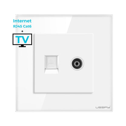 Priza TV + internet cu rama din sticla securizata, USSPY®, RJ45 Cat6, alb