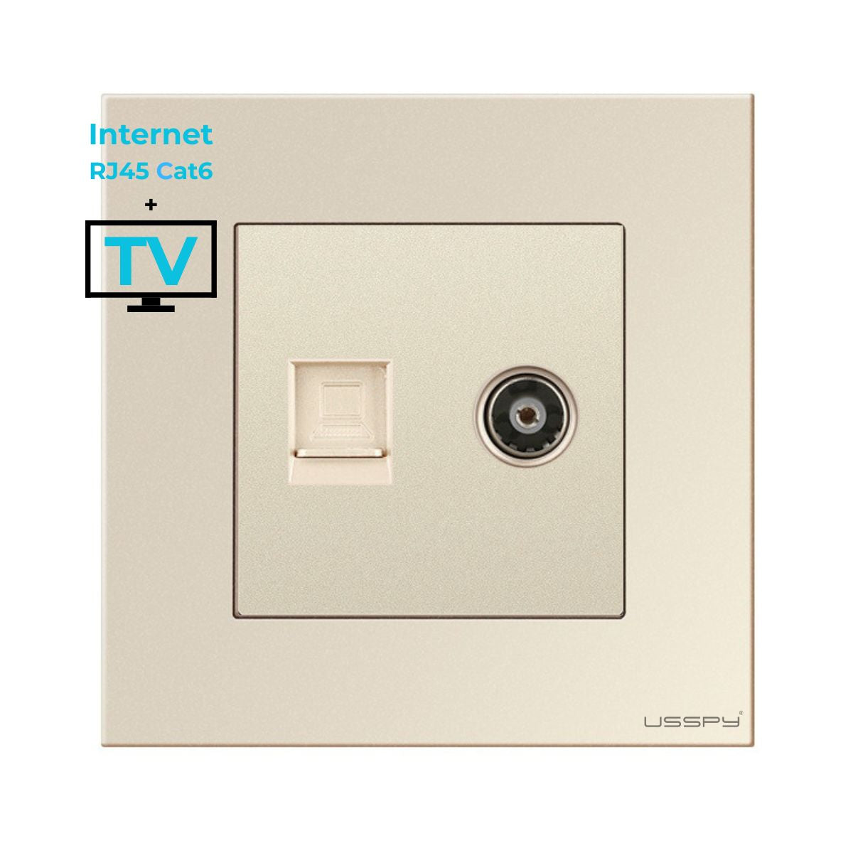 Priza TV + internet cu rama din sticla securizata, USSPY®, RJ45 Cat6, auriu