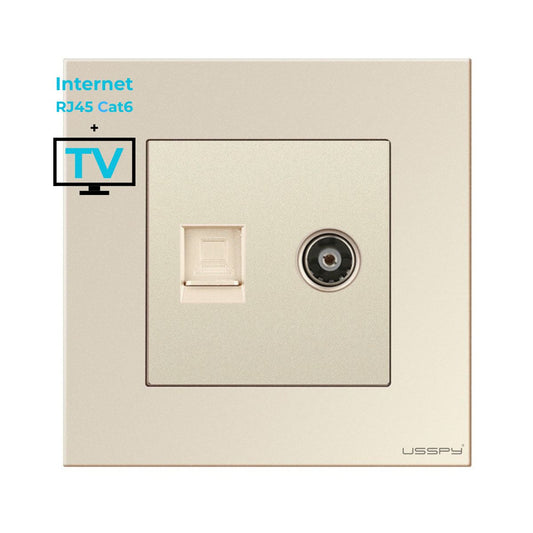 Priza TV + internet cu rama din sticla securizata, USSPY®, RJ45 Cat6, auriu