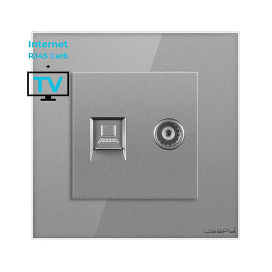 Priza TV + internet cu rama din sticla securizata, USSPY®, RJ45 Cat6, gri