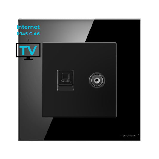 Priza TV + internet cu rama din sticla securizata, USSPY®, RJ45 Cat6, negru