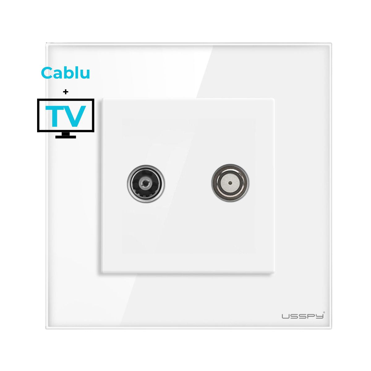 Priza cablu + TV cu rama din sticla securizata, USSPY®, alb