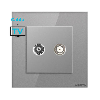 Priza cablu + TV cu rama din sticla securizata, USSPY®, gri