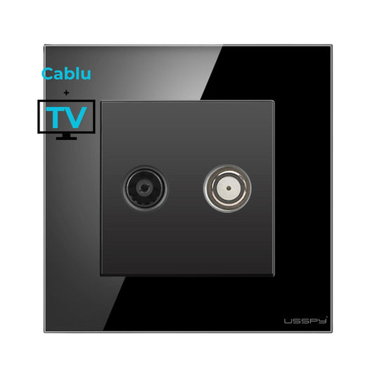 Priza cablu + TV cu rama din sticla securizata, USSPY®, negru