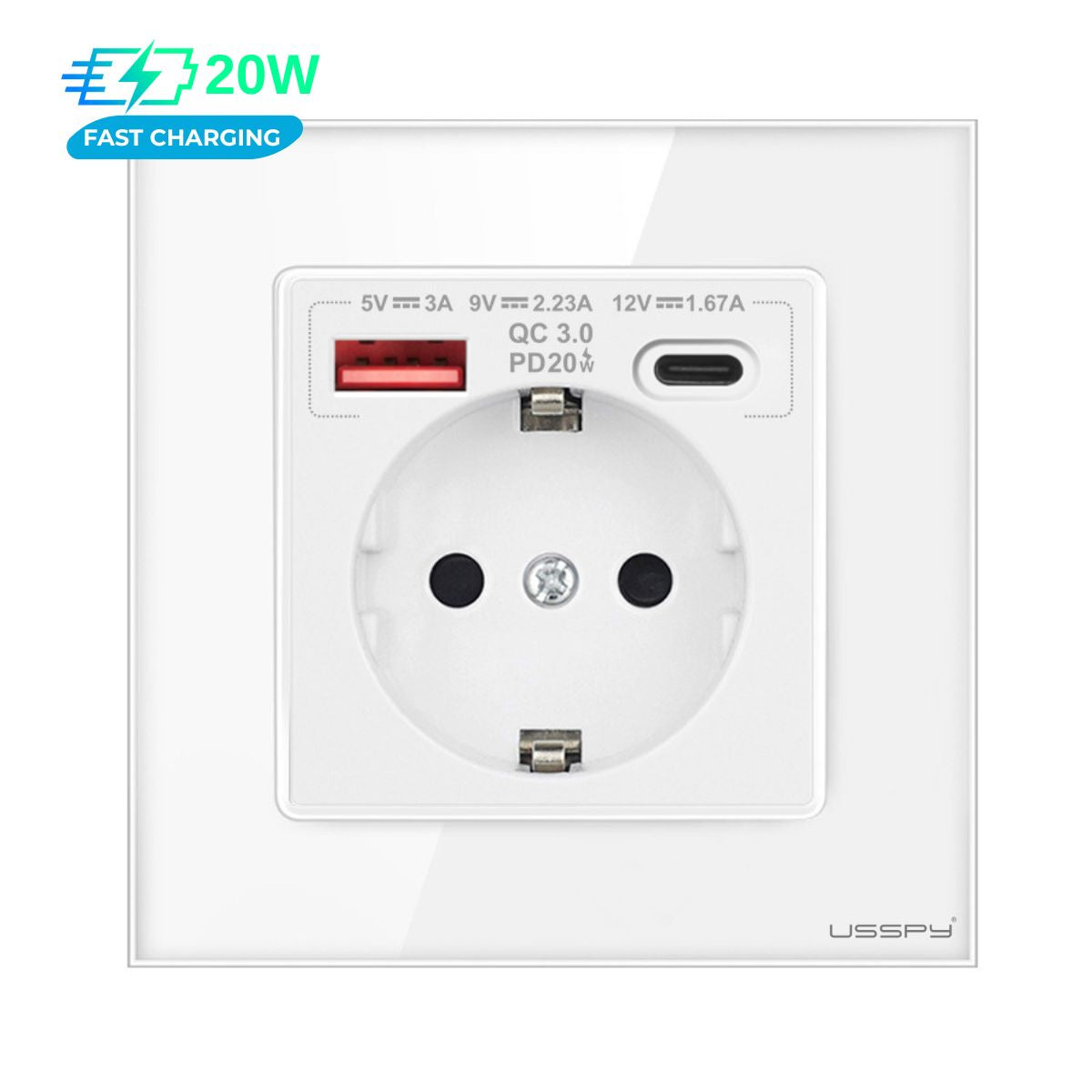 Priza cu rama din sticla securizata cu 2 USB A+C, 20W incarcare rapida, USSPY®, protectie copii, schuko 16A, alb