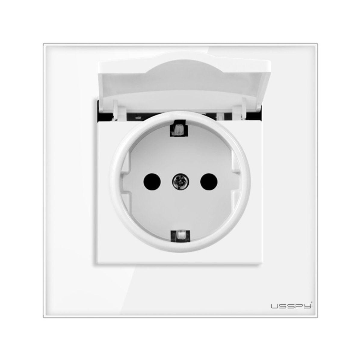 Priza cu capac, rama din sticla securizata , USSPY®, protectie copii, schuko 16A, alb