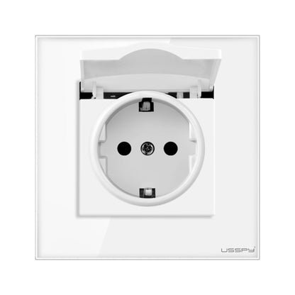 Priza cu capac, rama din sticla securizata , USSPY®, protectie copii, schuko 16A, alb