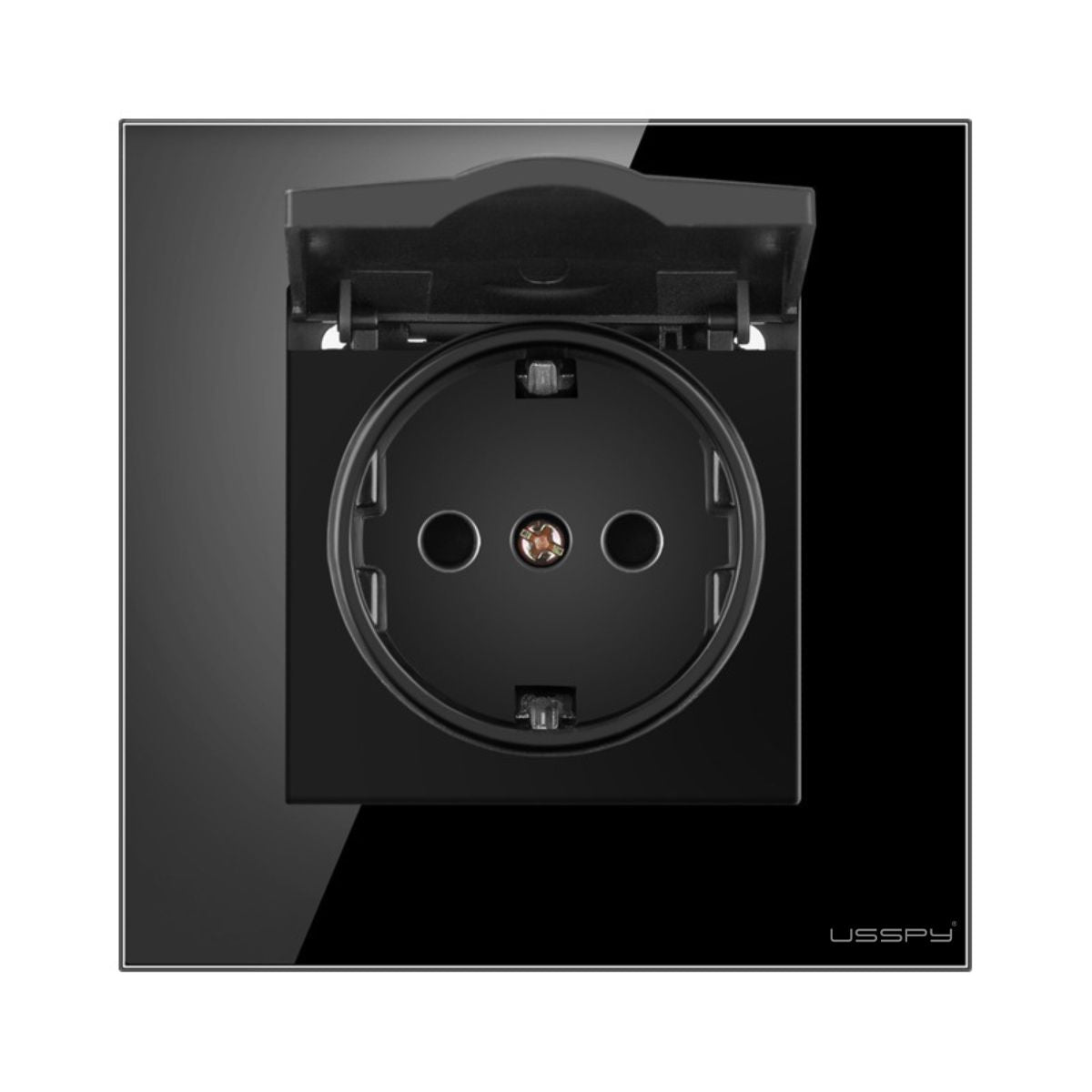 Priza cu capac, rama din sticla securizata , USSPY®, protectie copii, schuko 16A, negru