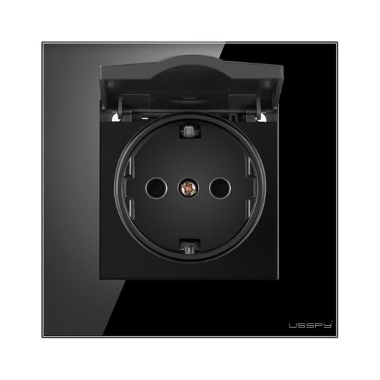 Priza cu capac, rama din sticla securizata , USSPY®, protectie copii, schuko 16A, negru