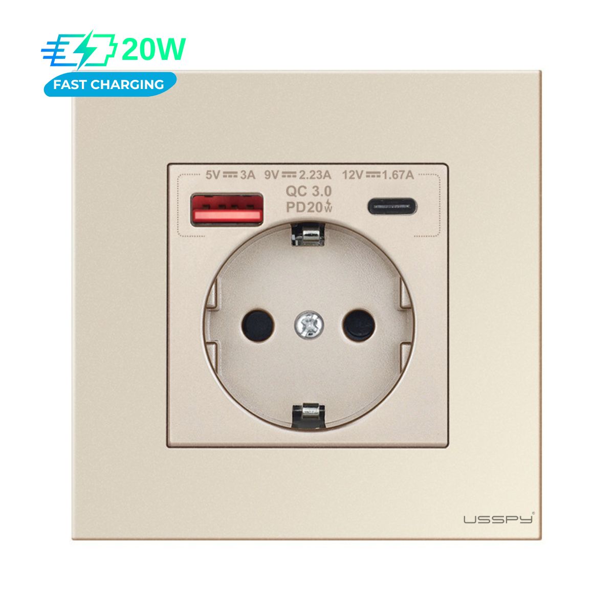 Priza cu rama din sticla securizata cu 2 USB A+C, 20W incarcare rapida, USSPY®, protectie copii, schuko 16A, auriu