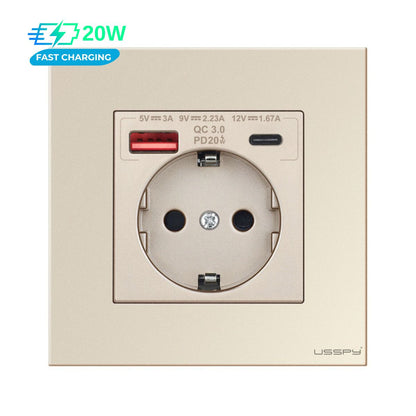 Priza cu rama din sticla securizata cu 2 USB A+C, 20W incarcare rapida, USSPY®, protectie copii, schuko 16A, auriu