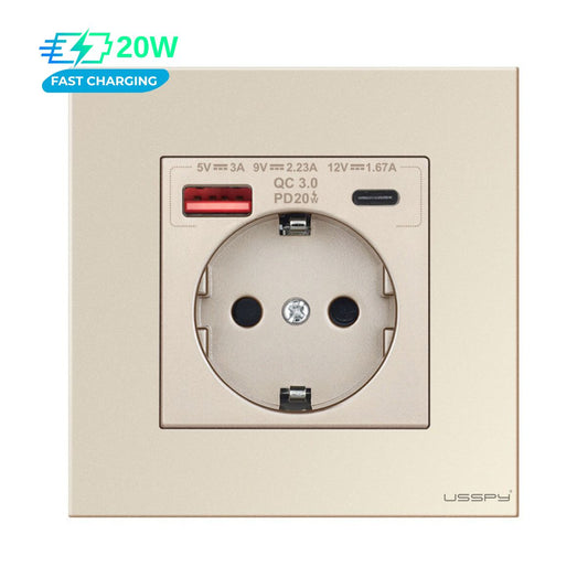 Priza cu rama din sticla securizata cu 2 USB A+C, 20W incarcare rapida, USSPY®, protectie copii, schuko 16A, auriu