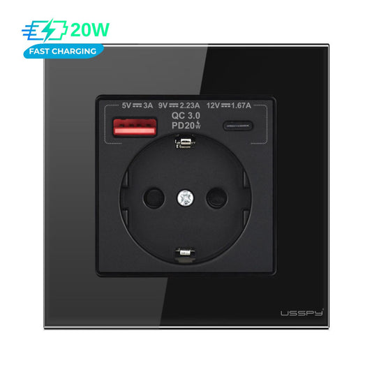 Priza cu rama din sticla securizata cu 2 USB A+C, 20W incarcare rapida, USSPY®, protectie copii, schuko 16A, negru