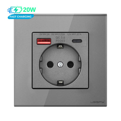 Priza cu rama din sticla securizata cu 2 USB A+C, 20W incarcare rapida, USSPY®, protectie copii, schuko 16A, gri
