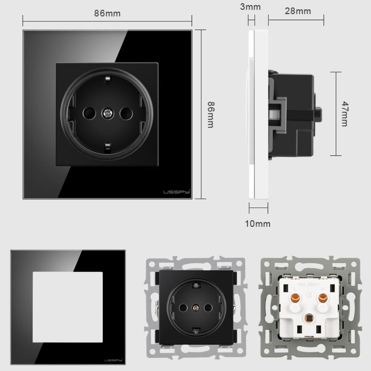 Priza cu rama din sticla securizata, USSPY®, protectie copii, schuko 16A, gri