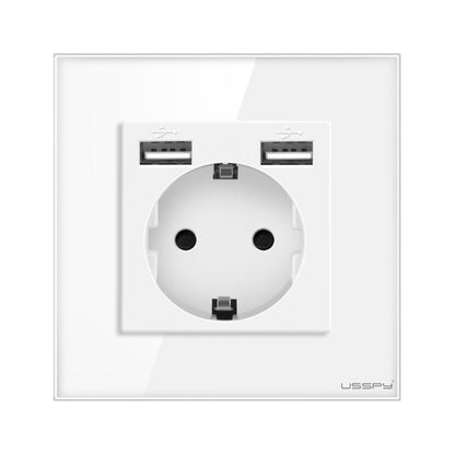 Priza cu rama din sticla securizata cu 2 USB 5V 2.1A, USSPY®, protectie copii, schuko 16A, alb