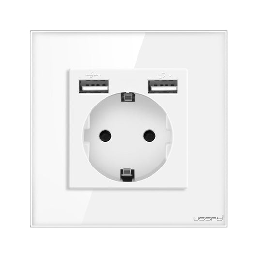 Priza cu rama din sticla securizata cu 2 USB 5V 2.1A, USSPY®, protectie copii, schuko 16A, alb