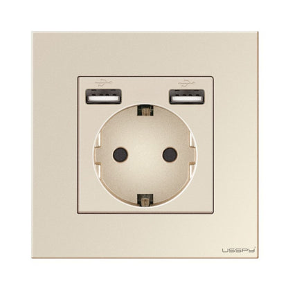 Priza cu rama din sticla securizata cu 2 USB 5V 2.1A, USSPY®, protectie copii, schuko 16A, auriu