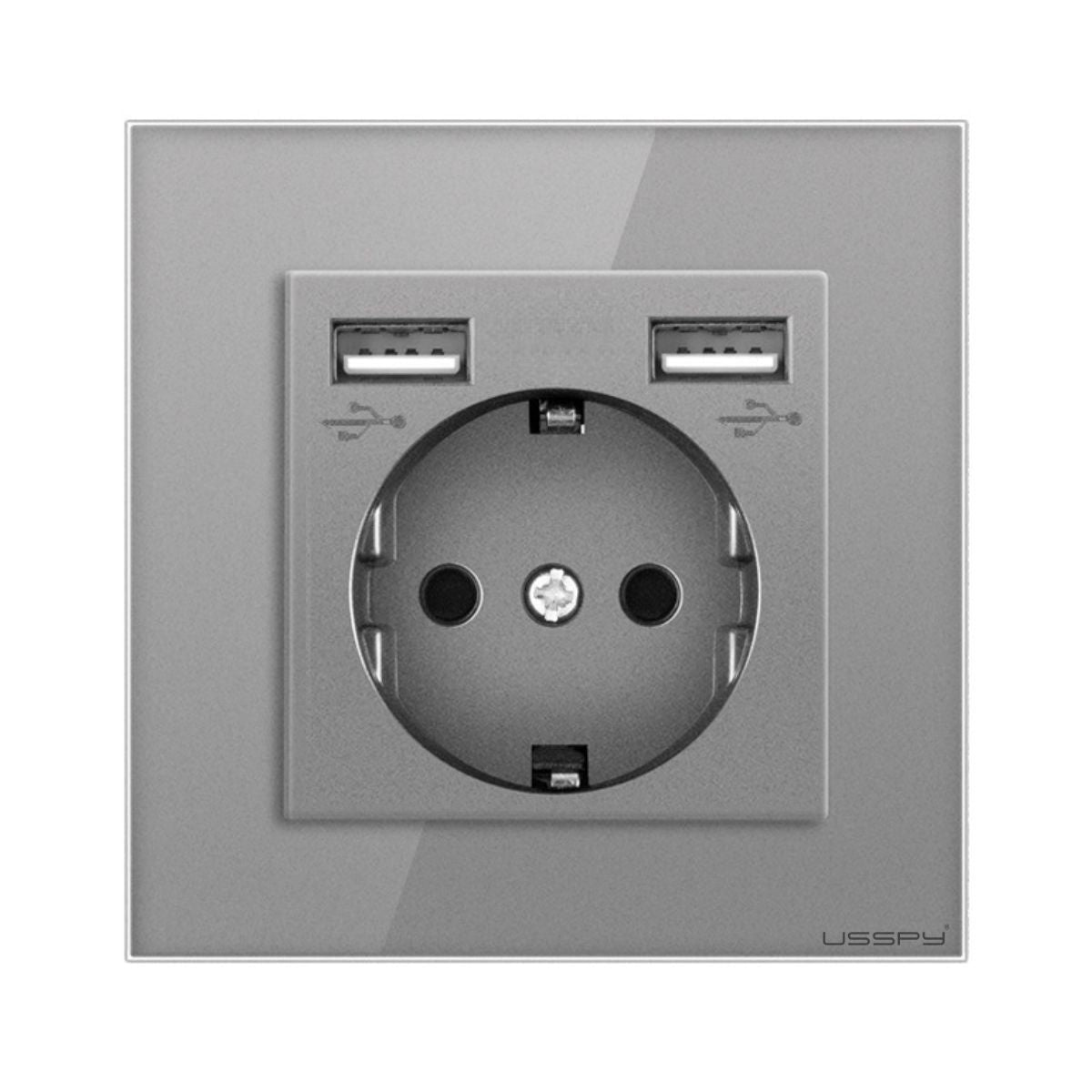 Priza cu rama din sticla securizata cu 2 USB 5V 2.1A, USSPY®, protectie copii, schuko 16A, gri