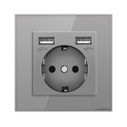 Priza cu rama din sticla securizata cu 2 USB 5V 2.1A, USSPY®, protectie copii, schuko 16A, gri