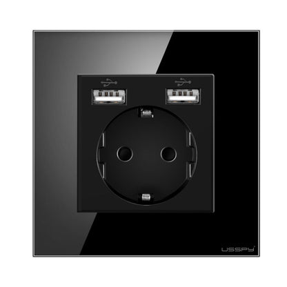 Priza cu rama din sticla securizata cu 2 USB 5V 2.1A, USSPY®, protectie copii, schuko 16A, negru