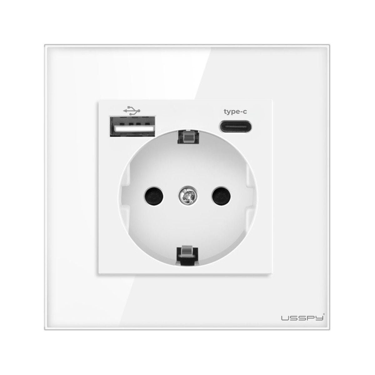 Priza cu rama din sticla securizata cu 2 USB A+C, 5V 2.1A, USSPY®, protectie copii, schuko 16A, alb