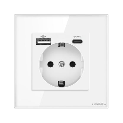 Priza cu rama din sticla securizata cu 2 USB A+C, 5V 2.1A, USSPY®, protectie copii, schuko 16A, alb