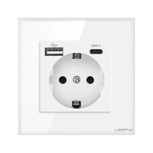 Priza cu rama din sticla securizata cu 2 USB A+C, 5V 2.1A, USSPY®, protectie copii, schuko 16A, alb