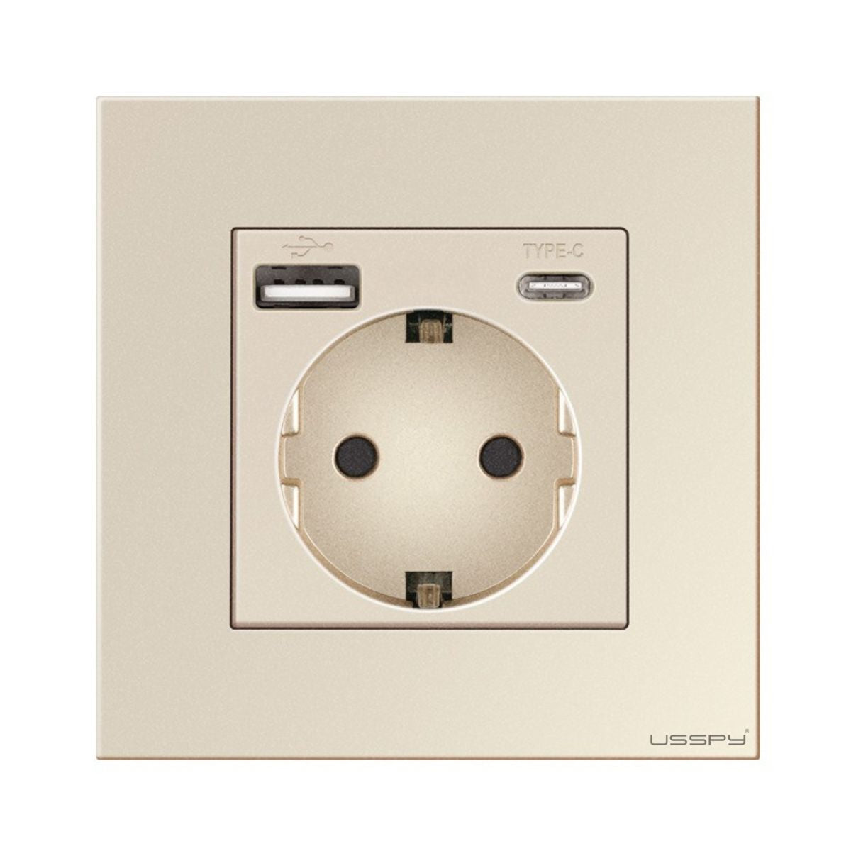Priza cu rama din sticla securizata cu 2 USB A+C, 5V 2.1A, USSPY®, protectie copii, schuko 16A, auriu