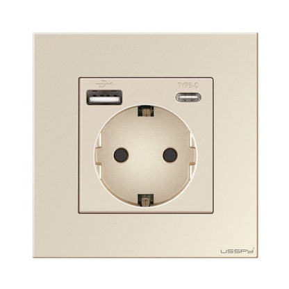 Priza cu rama din sticla securizata cu 2 USB A+C, 5V 2.1A, USSPY®, protectie copii, schuko 16A, auriu