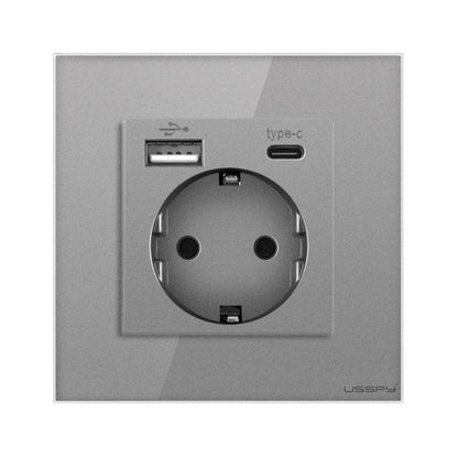Priza cu rama din sticla securizata cu 2 USB A+C, 5V 2.1A, USSPY®, protectie copii, schuko 16A, gri