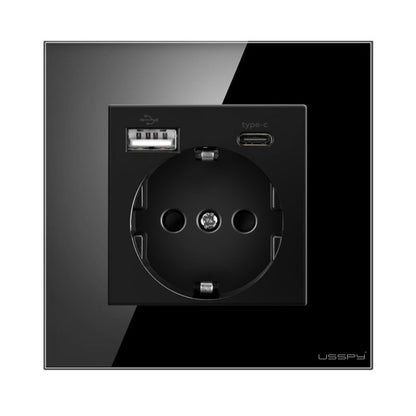 Priza cu rama din sticla securizata cu 2 USB A+C, 5V 2.1A, USSPY®, protectie copii, schuko 16A, negru