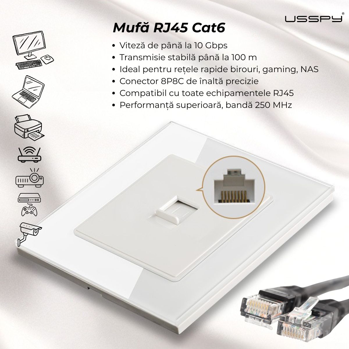 Priza internet cu rama din sticla securizata, USSPY®, RJ45 Cat6, negru