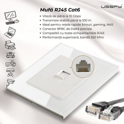Priza internet cu rama din sticla securizata, USSPY®, RJ45 Cat6, negru