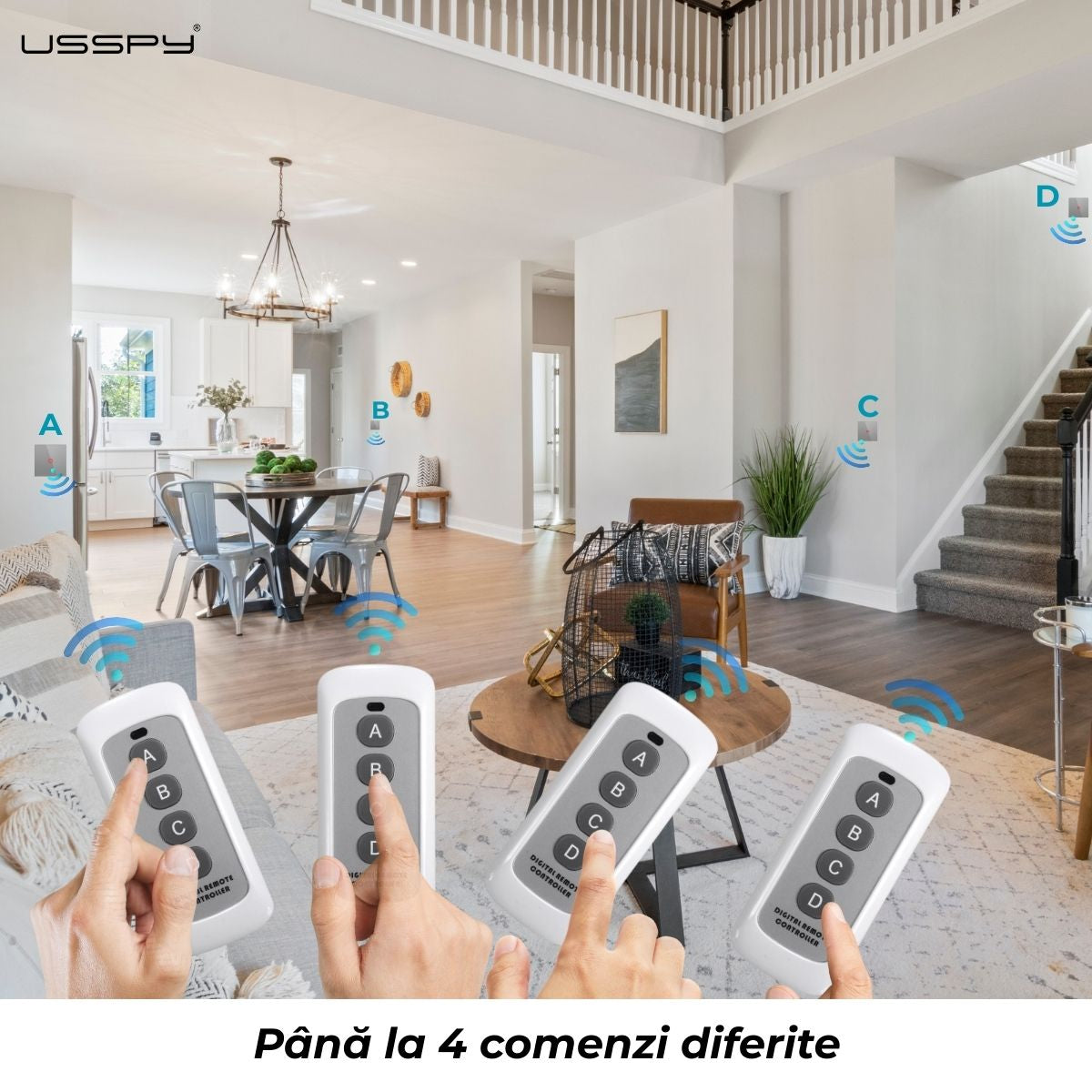 Telecomanda pentru Intrerupatoare tactile cu rama din sticla USSPY®, 4 comenzi/becuri alb negru gri auriu